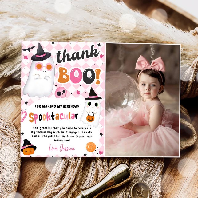 Rosa Halloween Cute Ghost Birthday Photo Tack Kort (Skapare uppladdad)