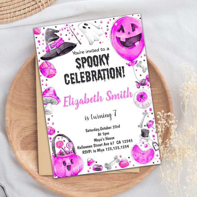 Rosa Halloween Födelsedagsfest inbjudan för flicko (Pink Halloween Invitations)
