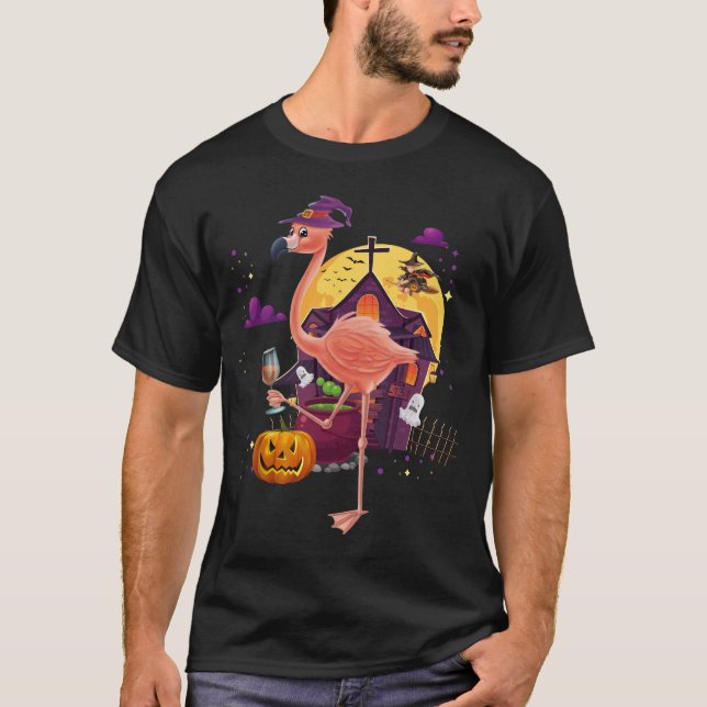 Rosa Halloween för pumpa för Flamingohäxavin dräkt T Shirt (Framsida)
