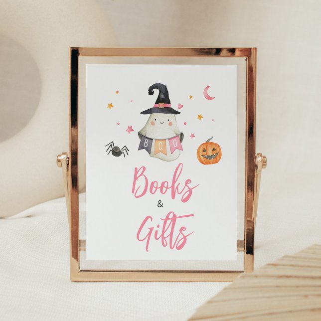 Rosa Halloween Ghost Little Boo Bokar och presente Poster (Little Boo Baby Shower Books and Gifts Sign)