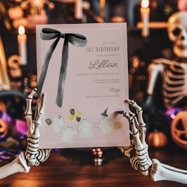 Rosa Halloween Ghost och Black Bow Birthday Inbjudningar