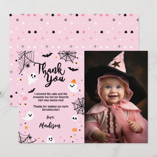 Rosa Halloween Ghost - You Card med Photo Tack Kort (Fram/baksida)