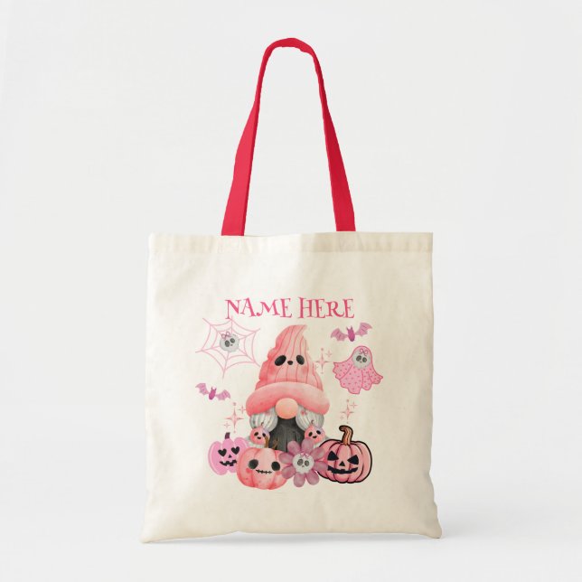 Rosa Halloween Gnome Ghost Candy Tote Bag Tygkasse (Framsidan)