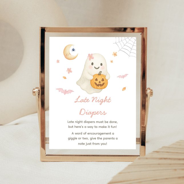 Rosa Halloween Lille Boo Natt Diaper Skylt (Girl Little Boo Baby Shower Late Night Diapers SIgn)