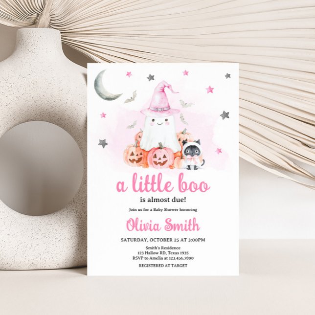 Rosa Halloween Little Boo Baby Shower Inbjudningar (Girl Halloween Little Boo Baby Shower Invitation)
