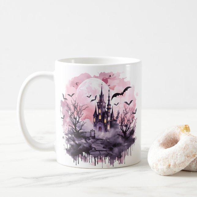 Rosa Halloween Mugg Cute Spooky, Haunted House (Med munk)
