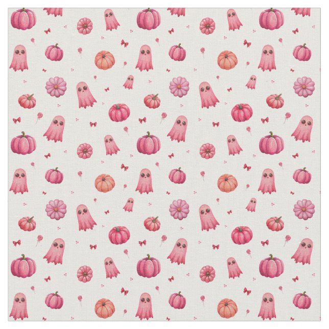 Rosa Halloween Pumpkins Tyg (Närbild)
