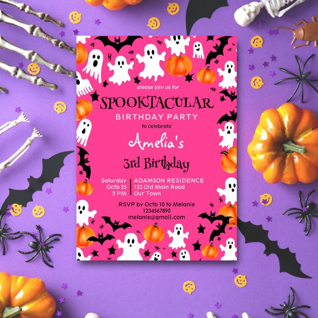 Rosa Halloween-skämtartiklar, födelsedagsfest Inbjudningar (Pink Halloween spooktacular birthday party editable template invitation digital download ghosts bats)