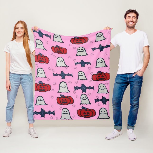 Rosa Halloween Spöken, Fladdermöss och Jack o lant Fleecefilt (På plats)