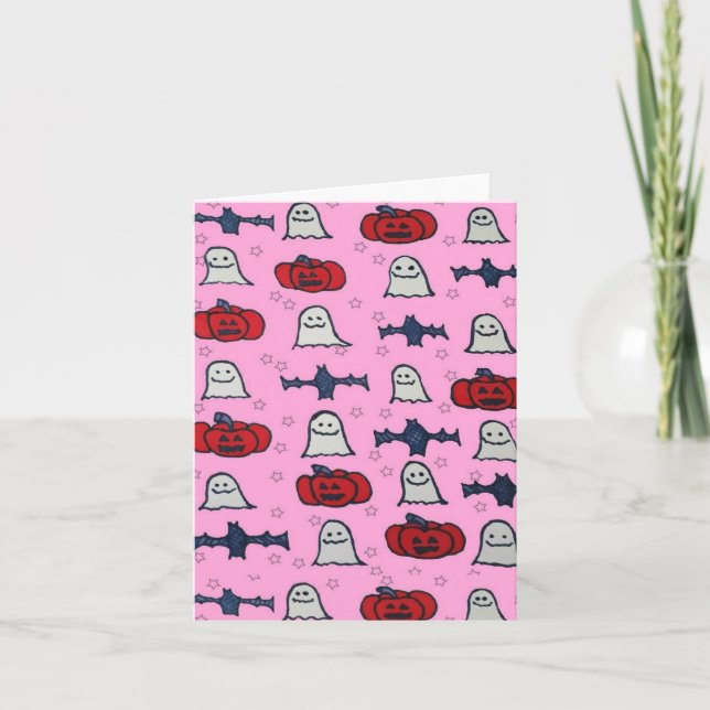 Rosa Halloween Spöken, Fladdermöss och Jack o lant Kort (Framsida)