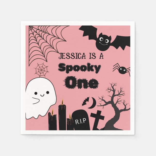 Rosa Halloween Sppoky One First Födelsedagsfest Pappersservett (Framsidan)