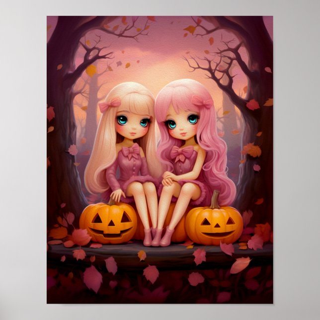 Rosa Halloween syster twin-tjejer i parken Poster (Framsidan)
