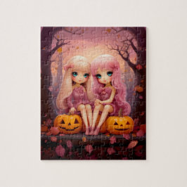 Rosa Halloween syster twin-tjejer i parken Pussel