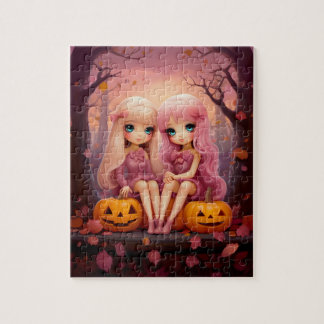 Rosa Halloween syster twin-tjejer i parken Pussel