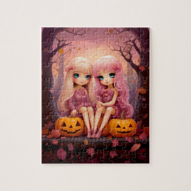 Rosa Halloween syster twin-tjejer i parken Pussel (Vertikal)