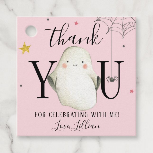 Rosa Halloween Tack Märkre Gåvor Etiketter (Framsida)