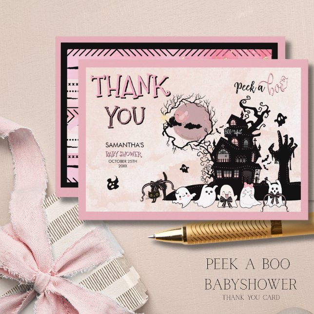 Rosa Halloween - tackkort - Pumpkin & Spöken Tack Kort (Pink Halloween Thank You Card - Pumpkin & Ghosts)