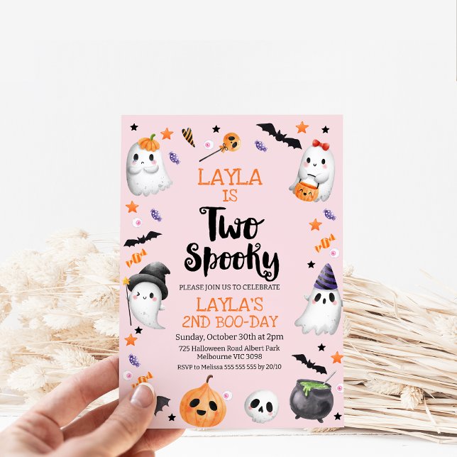 Rosa Halloween två-talesmän 2:a födelsedagsinbjuda Inbjudningar (Girls Two Spooky 2nd Birthday Invitation, Halloween 2nd Birthday Invitation, Pink Halloween Themed)