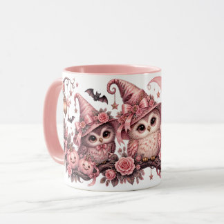 Rosa Halloween Ugglor Häxhattar & Pumpa Mugg
