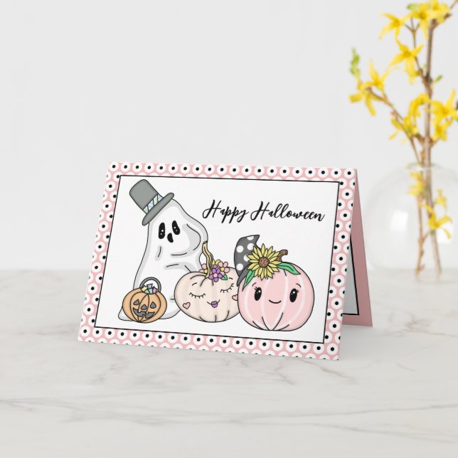 Rosa Halloween Whimsical Pumpa och Boo Kort (Gul blomma)