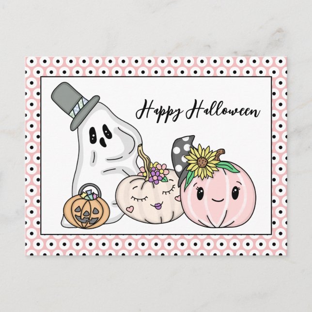 Rosa Halloween Whimsical Pumpkins och Boo Vykort (Framsida)