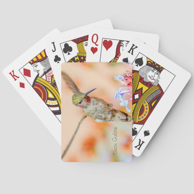 Rosa-haltig hummerfågel som flyger över blommor casinokort (Baksidan)