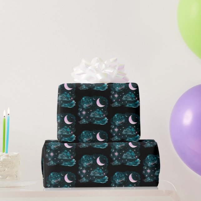 Rosa halvmåne stjärnor Celestial svart Halloween Presentpapper (Festgåvor)