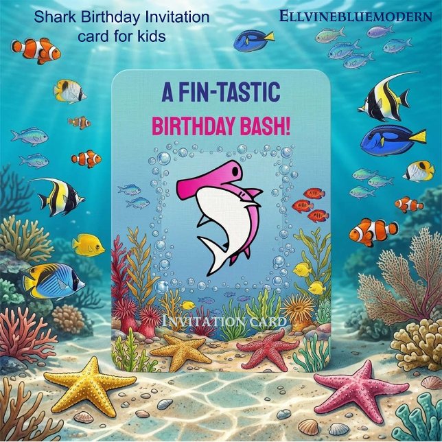 Rosa Hammarhajsfins fantastiska flickfödelsedag Inbjudningar (5" x 7" pink hammerhead shark birthday invitation template for kids’ pool parties.)