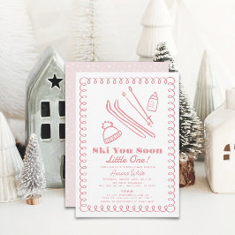 Rosa Hand Drawn Ski Girl Baby Shower Inbjudningar