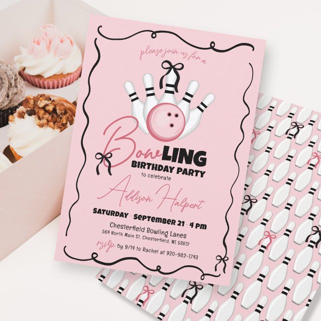 Rosa Hand plockade BOWling Bows Girl Födelsedagsfe Inbjudningar (Funny pink black and white BOWling coquette bows girly girl hand drawn birthday party invitation)