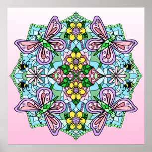 Rosa Hand plockade Butterfly, Flowers Mandala Poster