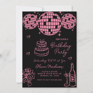 Rosa Hand plockade Disco Boll Champagne Birthday Inbjudningar
