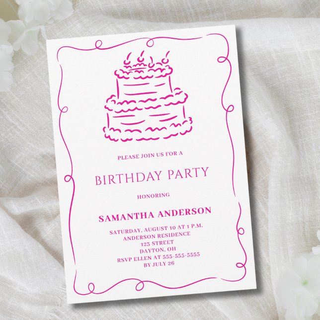 Rosa Hand plockade Doodle Cake Födelsedagsfest Inbjudningar (Skapare uppladdad)