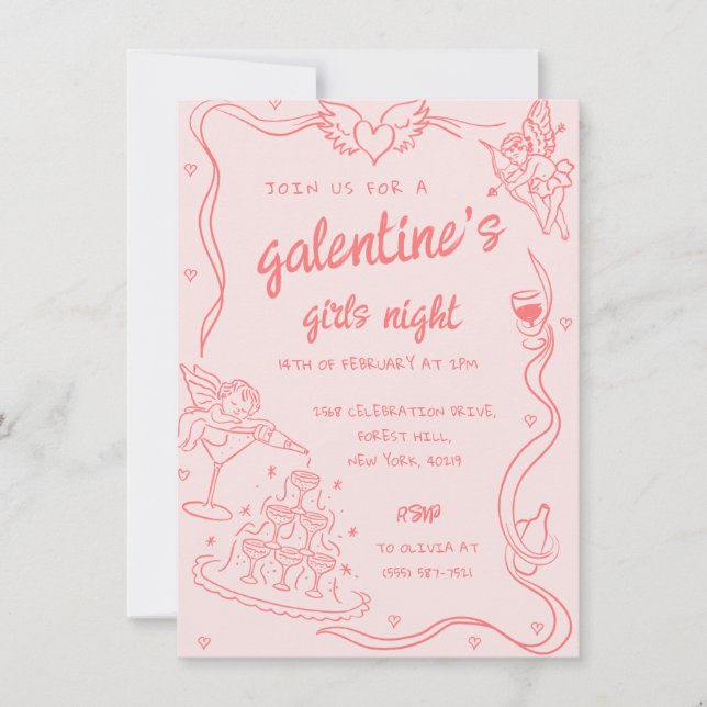 Rosa Hand plockade Galentine's Girls Night Party Inbjudningar (Framsida)