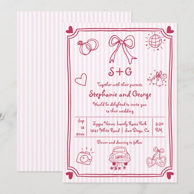 Rosa hand plockade klottrubel doodle, rand bröllop inbjudningar (Fram/baksida)