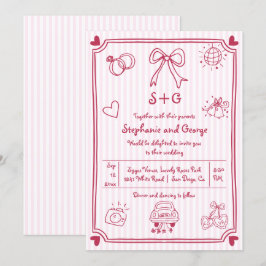 Rosa hand plockade klottrubel doodle, rand bröllop inbjudningar