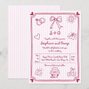 Rosa hand plockade klottrubel doodle, rand bröllop inbjudningar