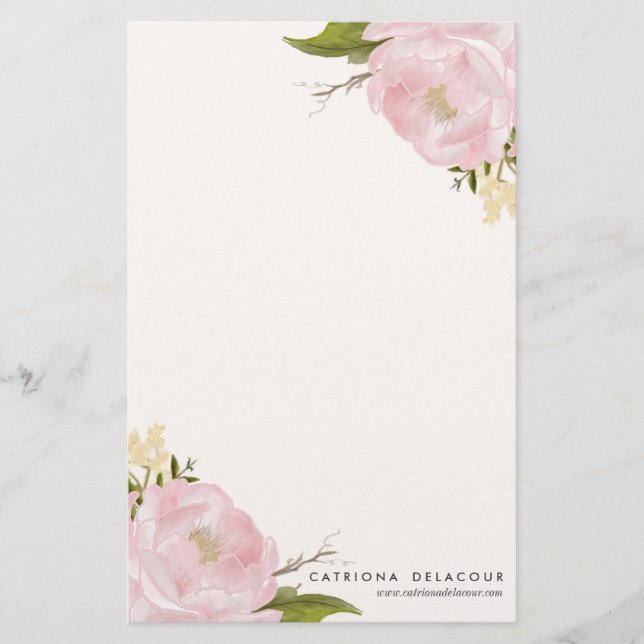Rosa Hand plockade Watercolor Peonies Stationery Brevpapper (Framsida)