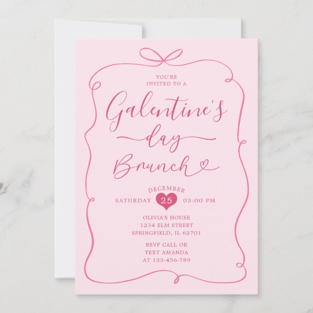 Rosa Handdragen Conquette Galentines Day Brunch Inbjudningar (Framsida)