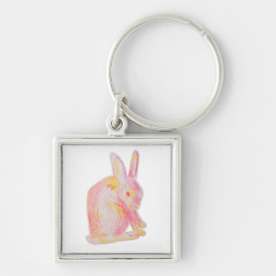 Rosa Handdragen Cute Bunny Fyrkantig Silverfärgad Nyckelring