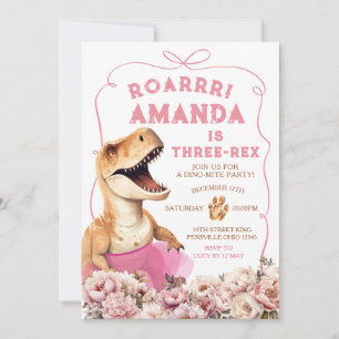 Rosa Handdragen dosinosaur Tredubbel Blommigt föde Inbjudningar