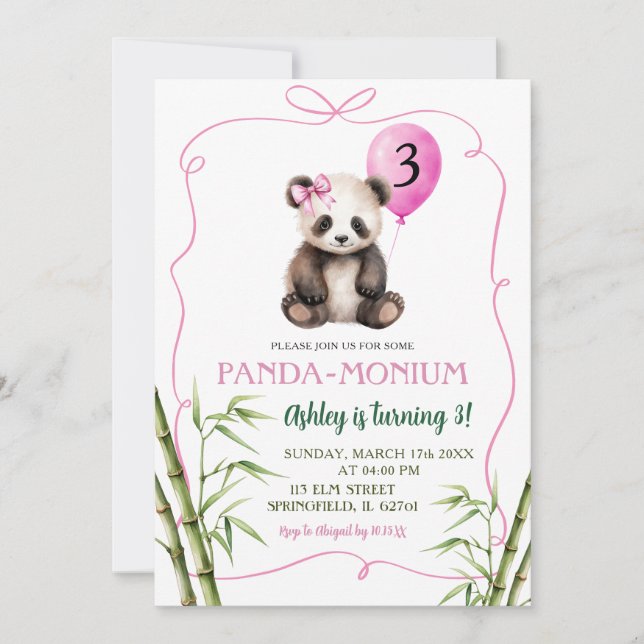 Rosa Handdragen Girl Panda med Bow Birthday Inbjudningar (Framsida)