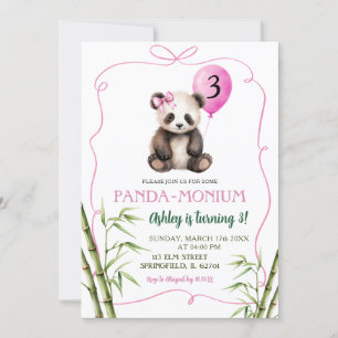 Rosa Handdragen Girl Panda med Bow Birthday Inbjudningar