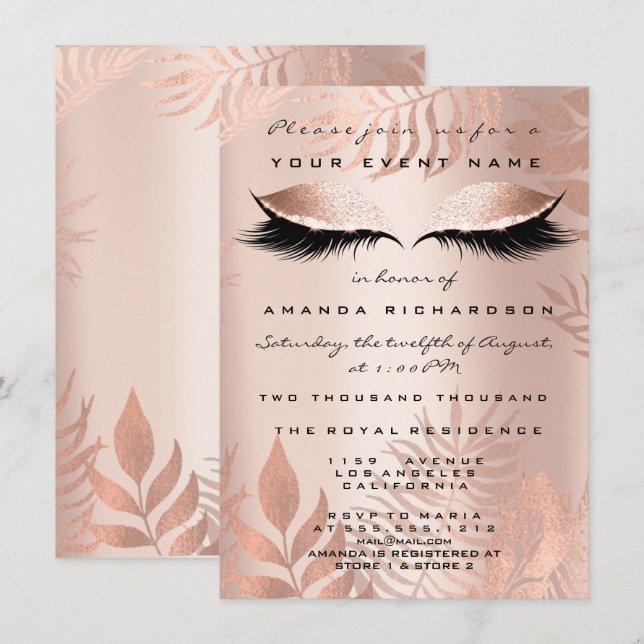  Rosa Handflatan EyesGlitter Copper 16:e Bride Inbjudningar (Fram/baksida)
