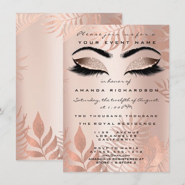  Rosa Handflatan Makeup Glitter koppar 16:e Bride Inbjudningar (Fram/baksida)