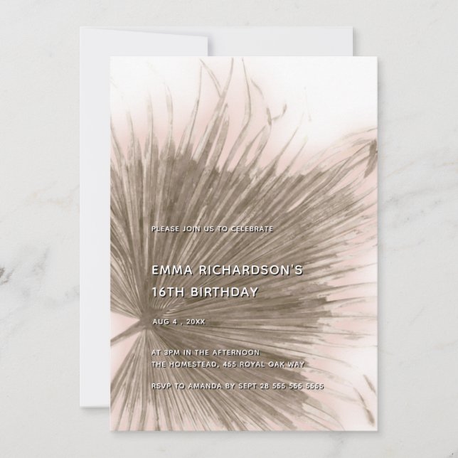 Rosa Handflatan Tropical Botanical Löv 16:e födels Inbjudningar (Framsida)