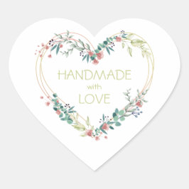 Rosa handgjord med Kärlek Quote Blommigt Heart Hjärtformat Klistermärke
