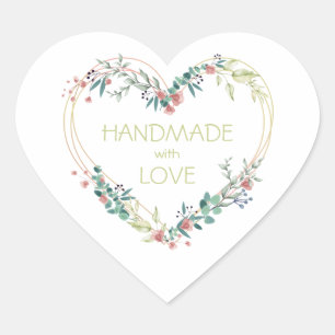 Rosa handgjord med Kärlek Quote Blommigt Heart Hjärtformat Klistermärke