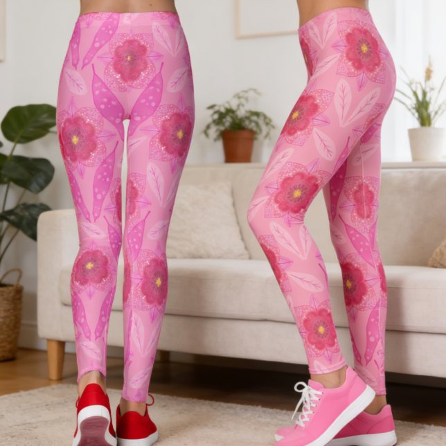 Rosa Handmålad Blommig Leggings (Bright blooms and leaves dancing down your legs. A hand‑drawn style that’s all about originality.)
