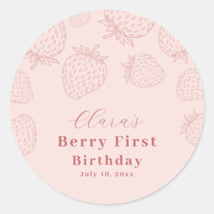 Rosa Handrawing Strawberry First Birthday Runt Klistermärke